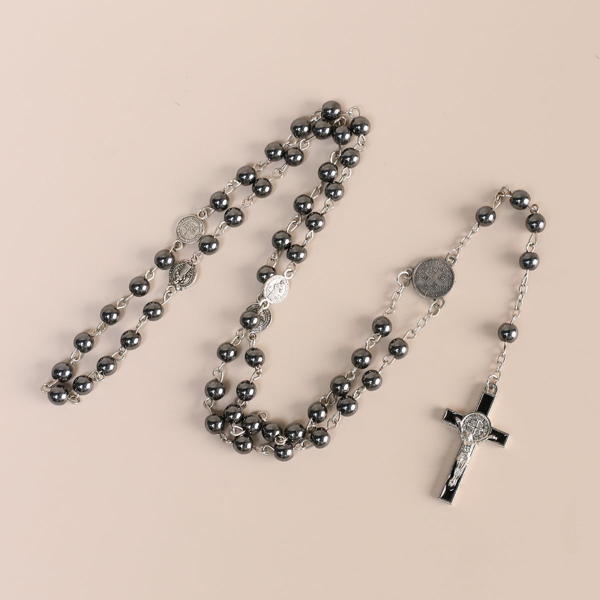 Rosary Hematite Stone Beads Necklace Metal Beaded Glory Beads Archangel Medal & Cross with Metal Gift Box
