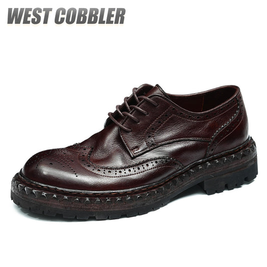 Hand-stitched Oxford Shoes Vintage Polished Leather Brock Carved Dress Shoes