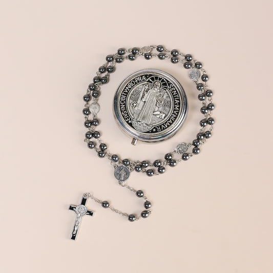 Rosary Hematite Stone Beads Necklace Metal Beaded Glory Beads Archangel Medal & Cross with Metal Gift Box
